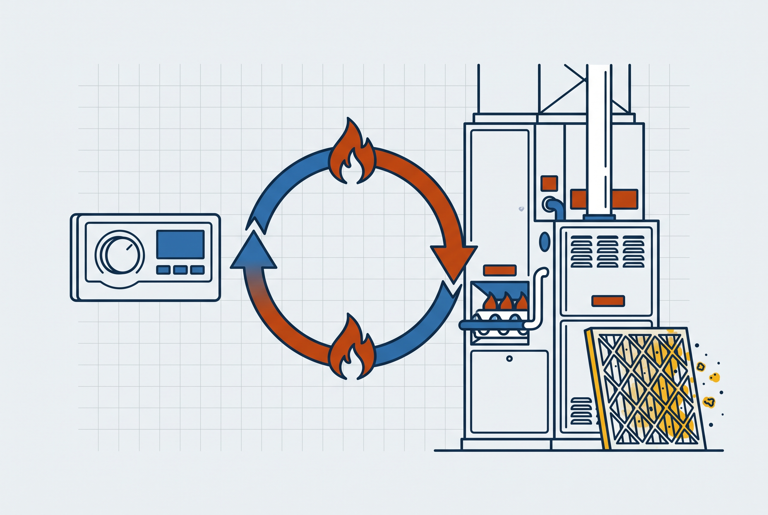 Illustration of a thermostat and a gas furnace linked by a looping arrow, with a clogged air filter leaning against the furnace
