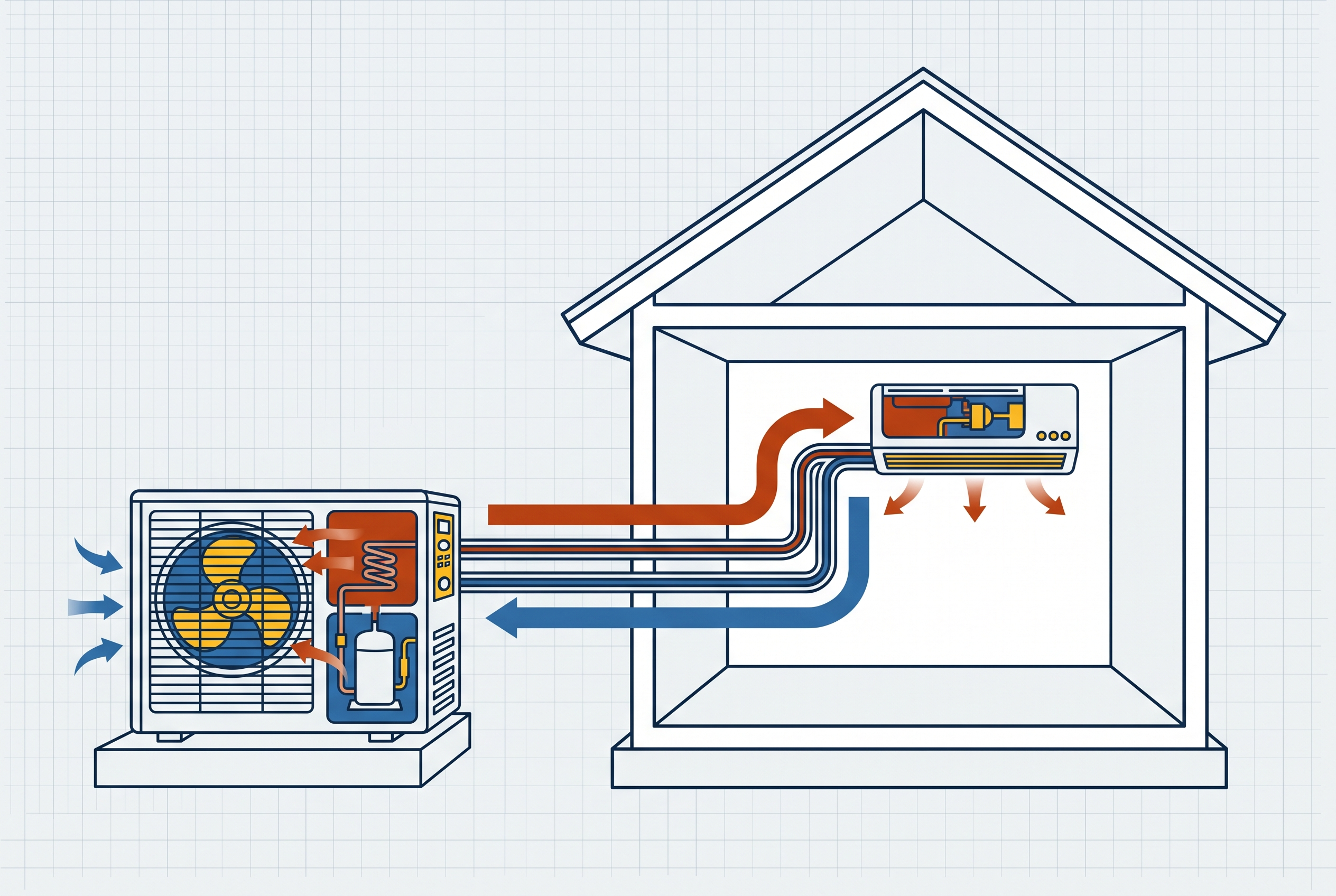 Illustration of an outdoor heat pump unit beside a house