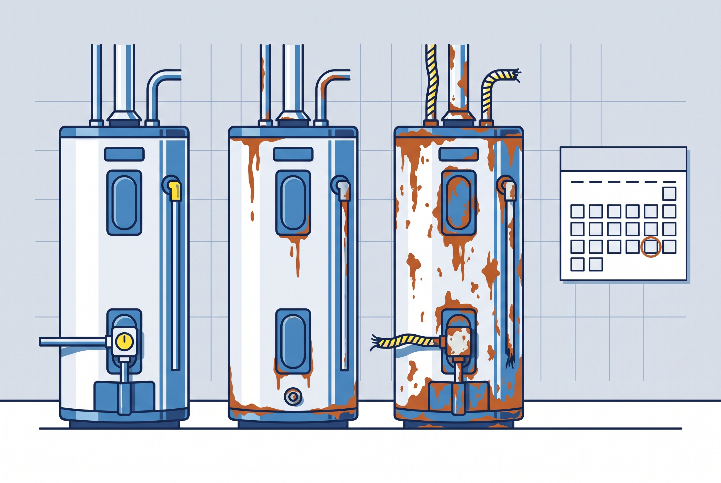Illustration of three water heaters from new to old and rusty